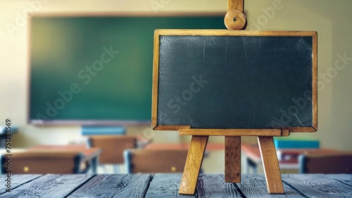 Blackboard on Wooden Table in Classroom