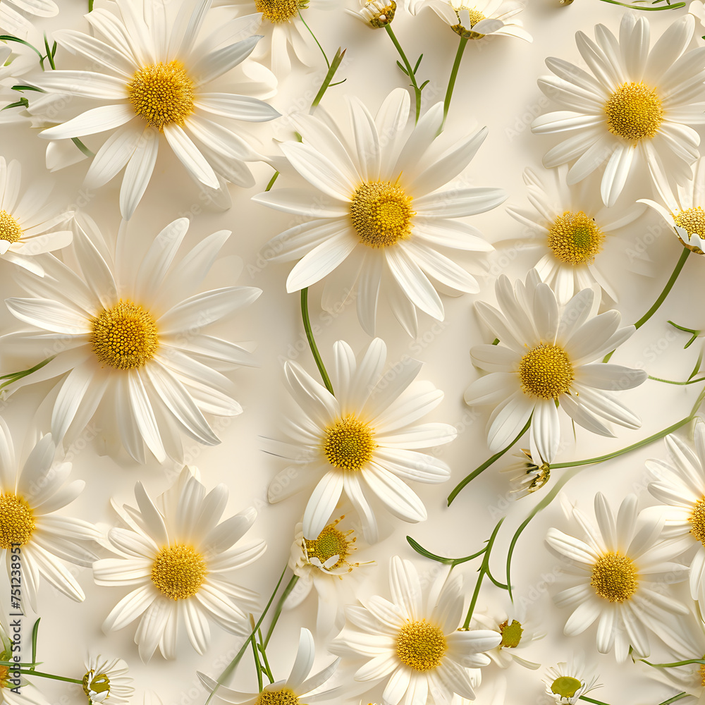 A Lot Of White Yellow Daisies or chamomile flowers - for full-frame background and seamless texture. Neural network generated image. Not based on any actual scene or pattern.