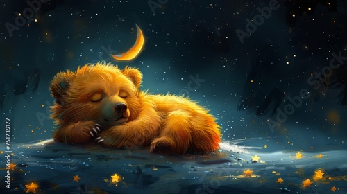 Baby bear sleeping on the moon among stars. Illustration featuring a baby bear with the moon and stars.
