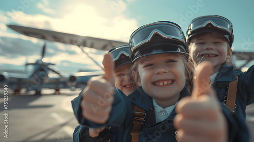 Group of children doing their dream job as Pilots standing in the airport next to the airplane. Concept of Creativity, Happiness, Dream come true and Teamwork.