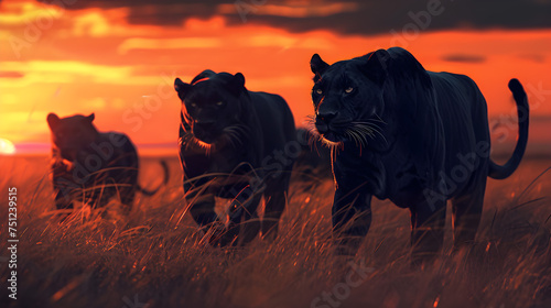 Black panthers standing in the savanna with setting sun shining. Group of wild animals in nature. © linda_vostrovska