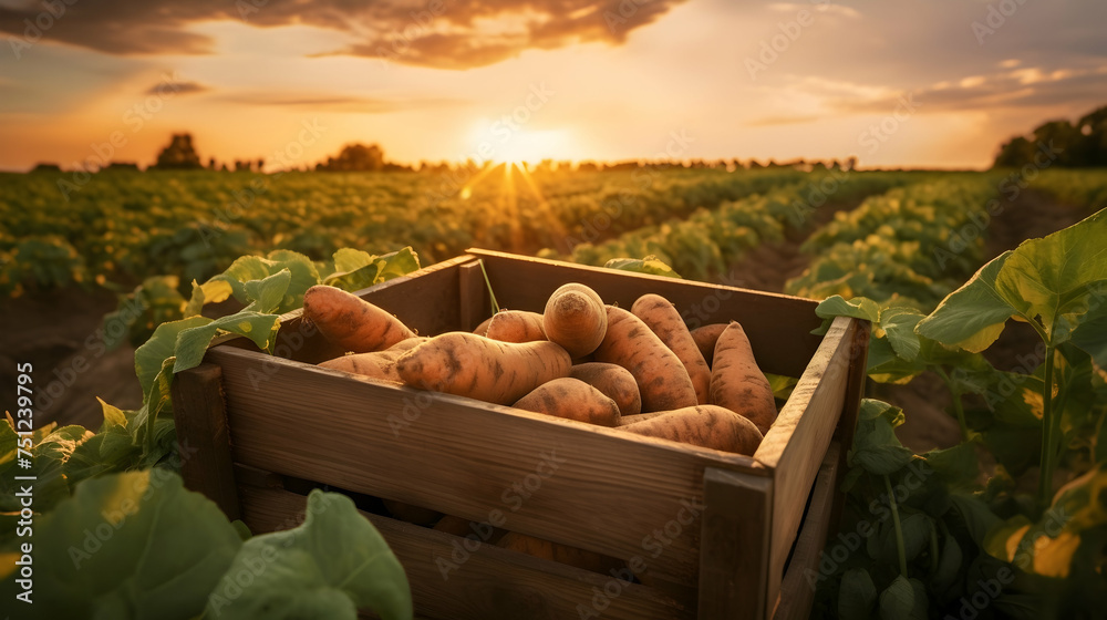 Sweet potatoes harvested in a wooden box with field and sunset in the background. Natural organic fruit abundance. Agriculture, healthy and natural food concept. Horizontal composition. - obrazy, fototapety, plakaty 