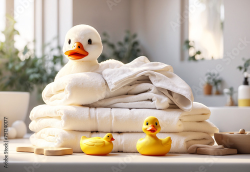 stack of fresh white towels and toy ducklings for bathing in a bright bathroom photo
