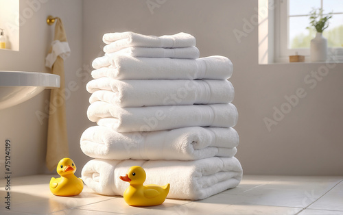 stack of fresh white towels and toy ducklings for bathing in a bright bathroom