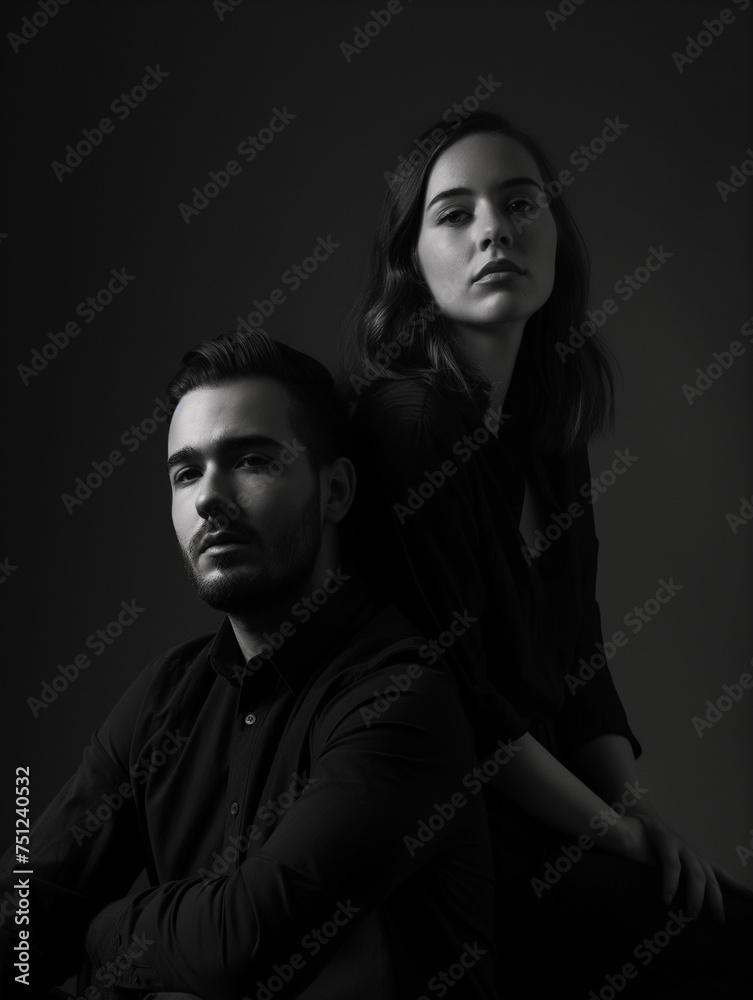 Portrait of a moody couple, artistic pose, classic black outfit, black and white contrast