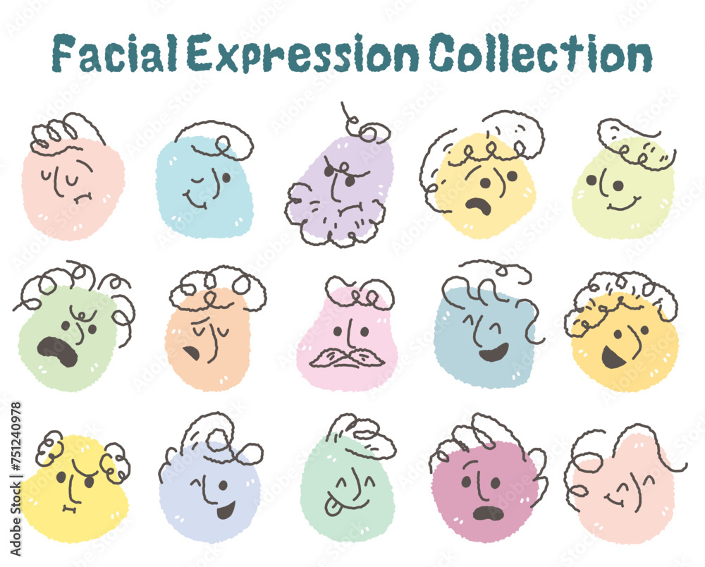 Obraz premium Abstract flat face with variety funny facial expression set. Cartoon doodle crayon style round character emotion. Comic colorful happy, calm, worry, angry, anxiety, smile face with line draw hair