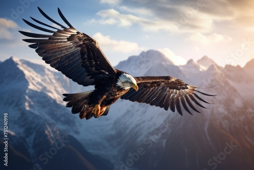 An eagle soaring high above a mountain range. eagle flies at high altitude in the mountains fantastic, Ai generated © Tanu