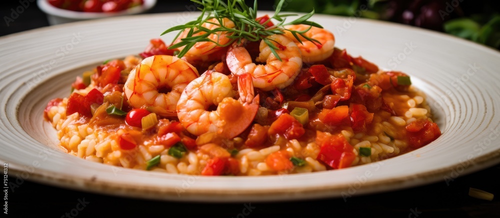A white plate is filled with a generous portion of shrimp and rice, creating a delicious homemade Italiano risotto for a delightful culinary experience.