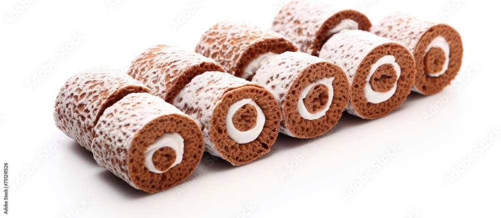 A variety of brown and white sprinkles are stacked on top of each other, forming a neat arrangement. The sprinkles create a visually appealing pattern against a white background.