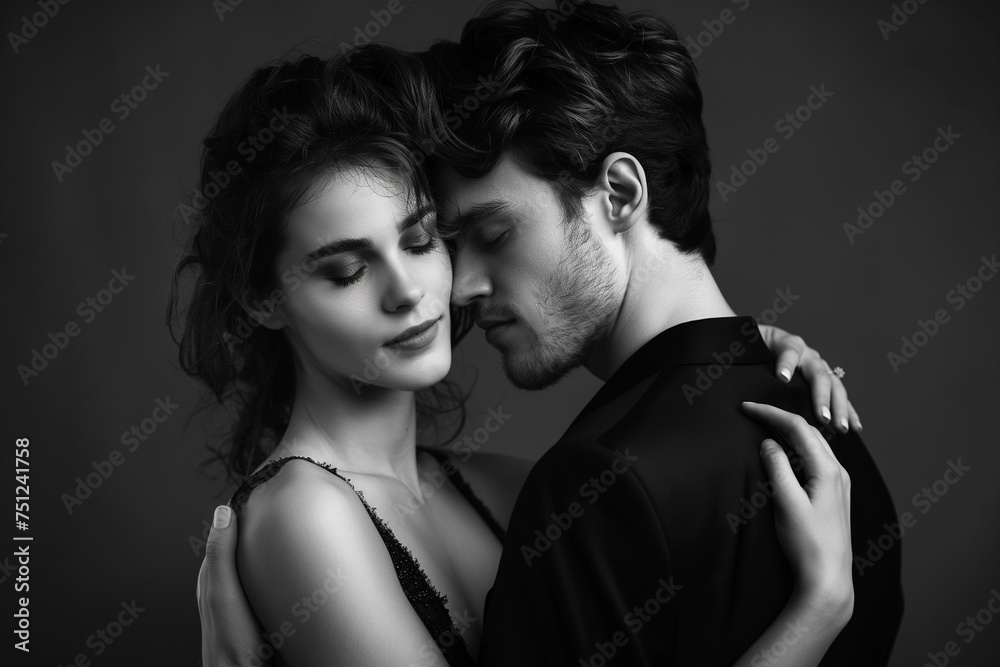 Romantic couple in a black and white portrait, intimate embrace Romantic couple in a black and white portrait, intimate embrace