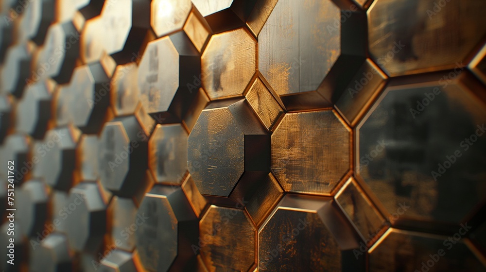 Futuristic metallic hexagons arranging in a captivating pattern on a wall - obrazy, fototapety, plakaty 