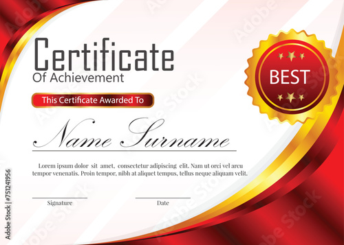 new certificate design with gradient red and golden color and background  elements and lines 