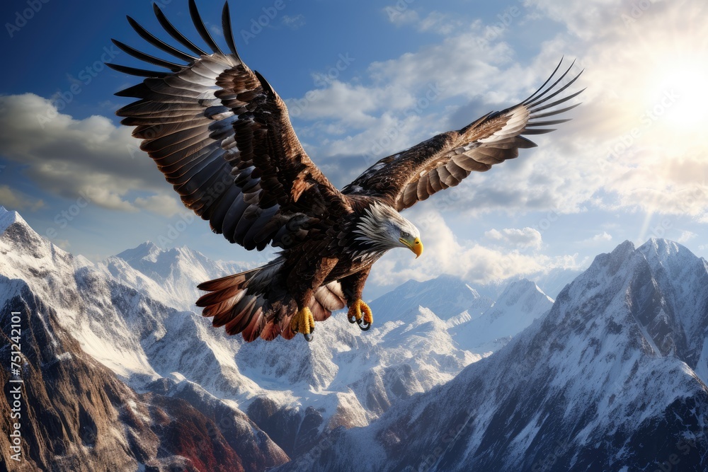 An eagle soaring high above a mountain range, bald eagle flying in the blue sky, Ai generated An eagle soaring high above a mountain range, bald eagle flying in the blue sky, Ai generated