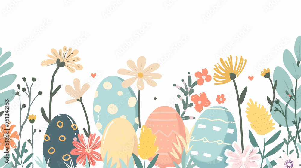 Springtime Easter eggs and floral border illustration