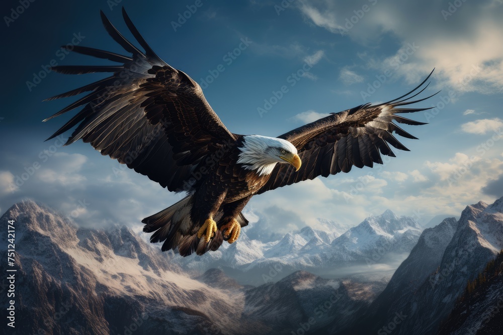 An eagle soaring high above a mountain range, bald eagle flying in the blue sky, Ai generated An eagle soaring high above a mountain range, bald eagle flying in the blue sky, Ai generated