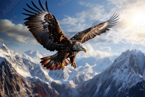 An eagle soaring high above a mountain range, bald eagle flying in the blue sky, Ai generated © Tanu