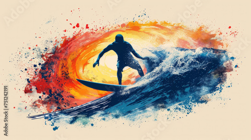A vibrant action shot of a surfer on a wave at sunset with dynamic splatter art,ai generated photo