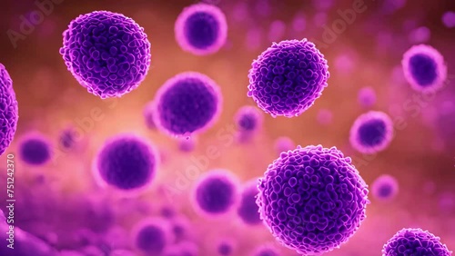 Viruses and leukocytes on a blur background under a microscope, Virus Cells flowing concept. Close-up of dissolving virus under microscope, Microscopic view of floating influenza virus cells, cell bio photo