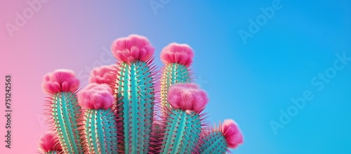 Close-up view of a cactus with vivid pink flowers blooming against an elevated backdrop, showcasing the stunning contrast in colors.