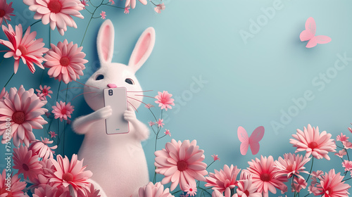 Adorable bunny taking selfie surrounded by pink flowers