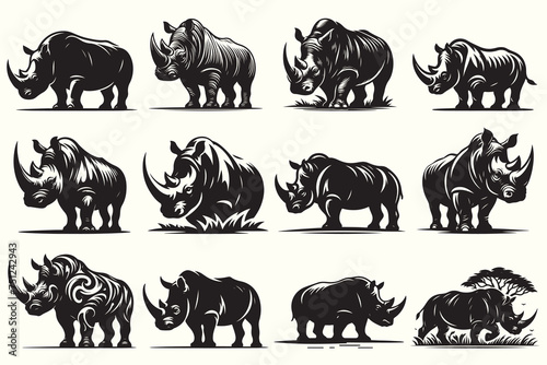 Rhino Silhouette Vector Illustration Set