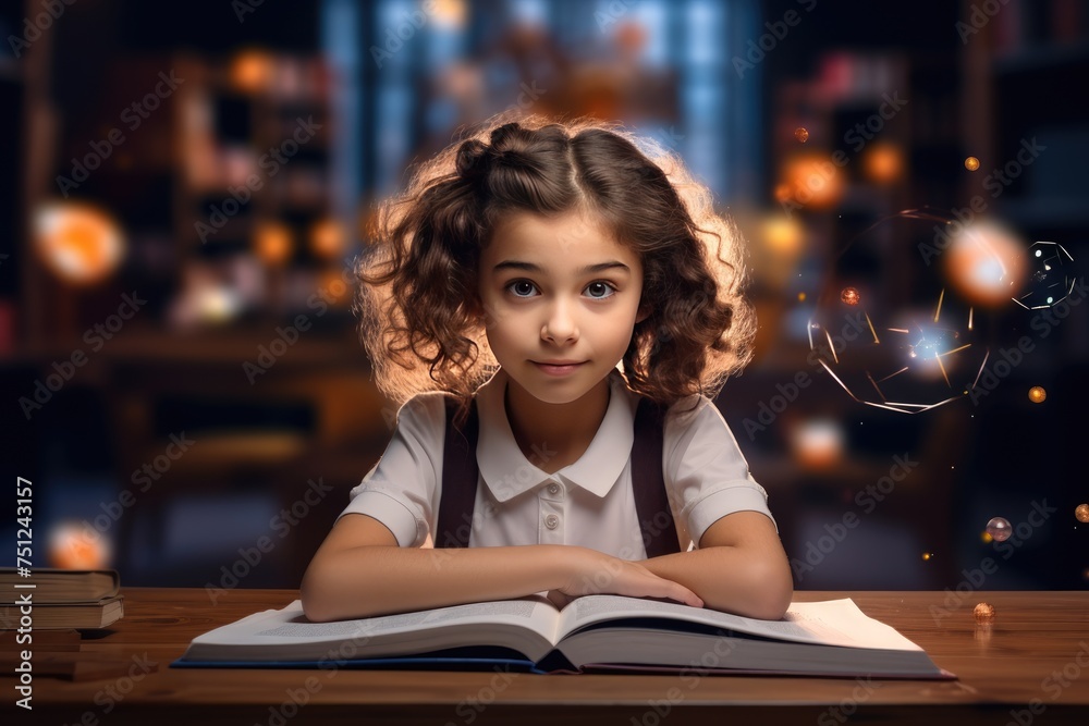 Concept of education and a little student girl studying in a table Concept of education and a little student girl studying in a table
