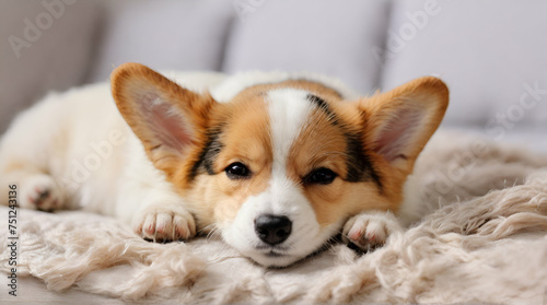 Close up adorable tricolored Welsh corgi puppy sleep on a white soft blanket in studio. Sleep well and tight. Comfort and care for young animals and pets.generative ai