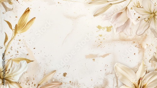 invitation template with luxe botanical border of golden branches and lily silhouettes on an ivory background