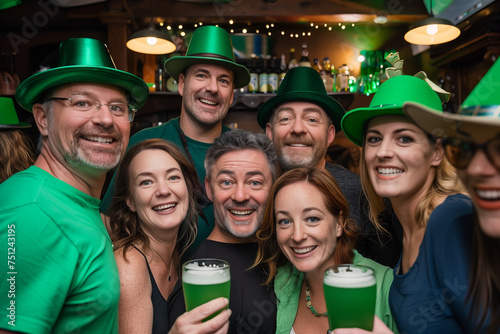  A vibrant group, adorned in festive green attire, celebrates St. Patrick's Day with joyful cheers