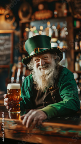Leprechaun joyfully holding a beer glass, inviting everyone to celebrate St. Patrick's Day at the bar with a cheerful smile