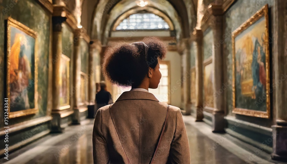 woman walking in a gallery; museum 