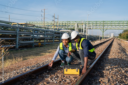 Engineer wearing safety uniform sitting on railway inspection. construction worker on railways. Engineer work on Railway. Rail  engineer  Infrastructure.