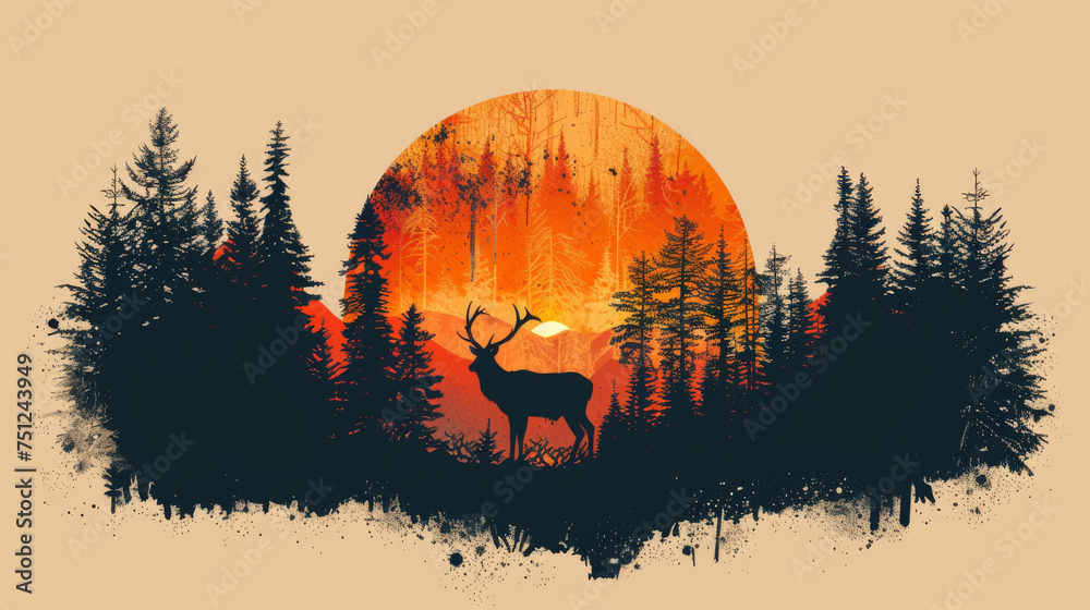 Deer silhouette in front of a forest and vibrant red and orange sunset,ai generated