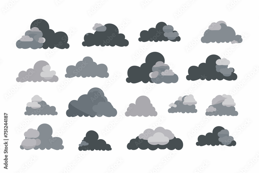 Cartoon rainy storm cloud vector set. White sky with dark grey clouds Cartoon rainy storm cloud vector set. White sky with dark grey clouds