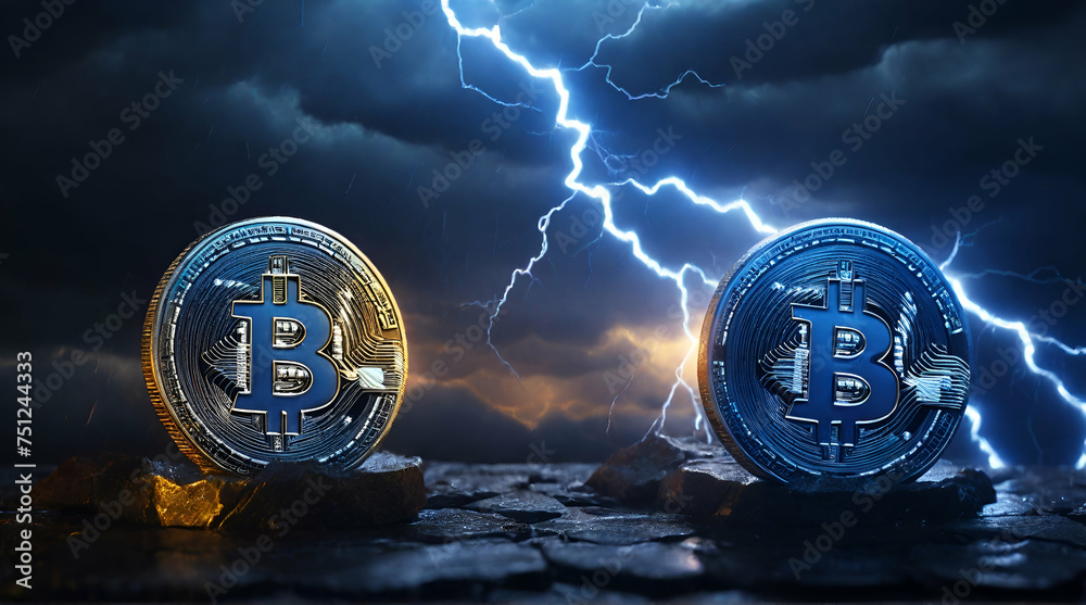 Two bitcoin coins placed side by side in front of a powerful lightning storm, creating an electric blue circle of light around them.generative ai - obrazy, fototapety, plakaty 