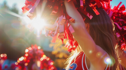 Cheerleading concept image with view of a cheerleader girl with colorful pompom