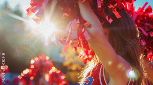 Cheerleading concept image with view of a cheerleader girl with colorful pompom