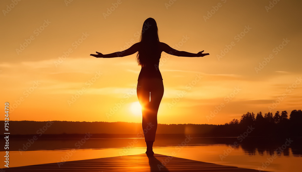 A woman is standing on a rock by the ocean, with her arms outstretched