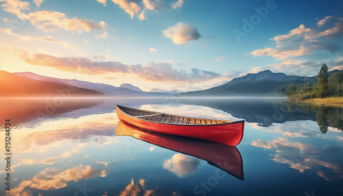A red canoe sits in a lake at sunset © terra.incognita