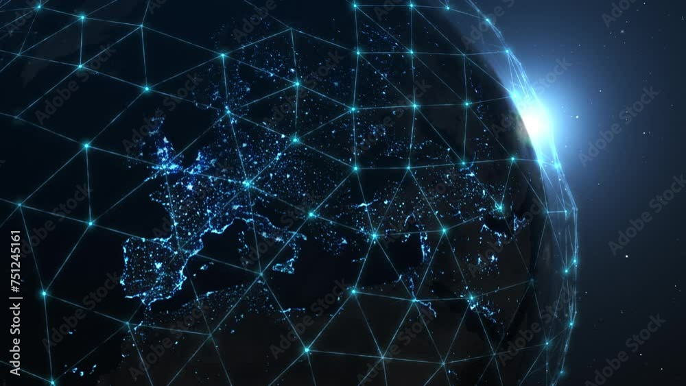 Network of digital nodes girdles the globe. A view from space of the European continent with the global web. Visualization of computer links, social networks, information exchange. 4k footage.