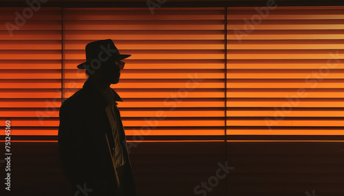 A man is standing in front of a window with orange walls