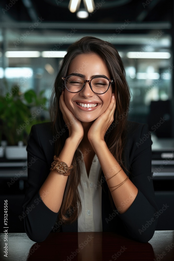 Cheerful business woman with glasses posing with her hands under her face showing her smile in an office