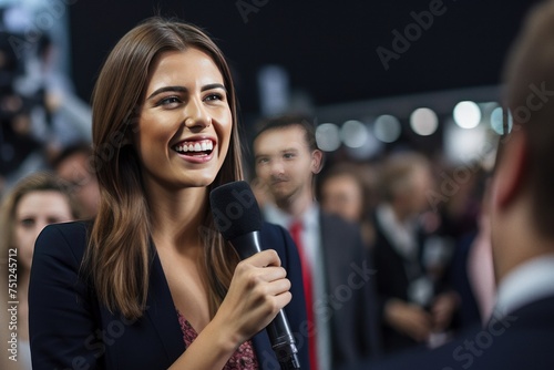 Cheerful female presenter interacting with the audience