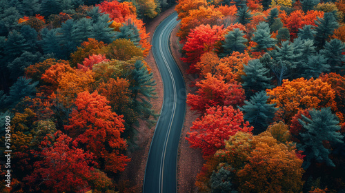 Forest road in autumn. Asphalt mountain road passing through colorful autumn leaves. © Ai-Pixel