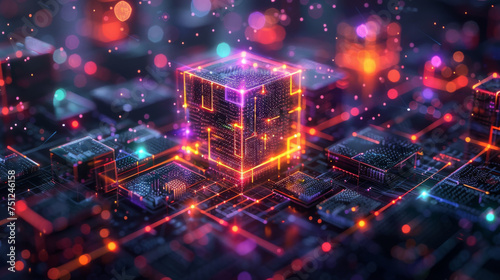 A conceptual visualization of a quantum computer with neon lights and advanced circuitry on a motherboard.