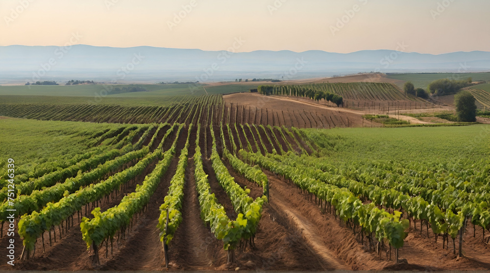 A big vineyard with seedlings of grapes is located rows The beautiful minimalist landscape. generative.ai