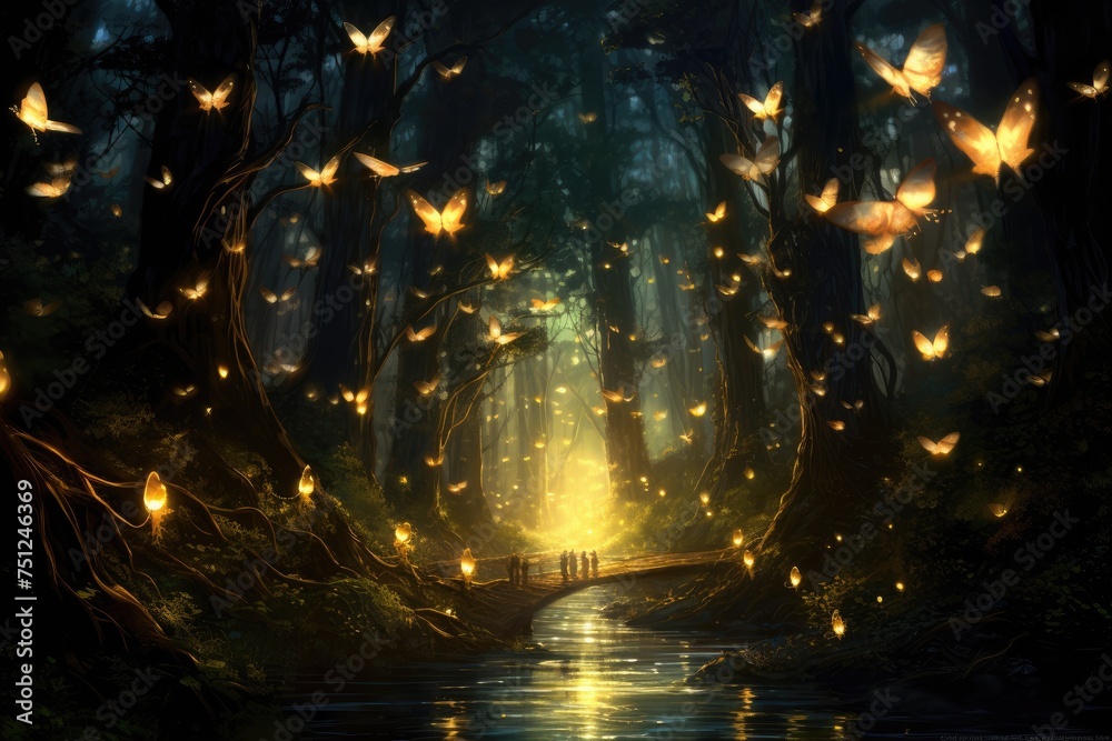 Fireflies illuminating a forest at dusk. Focus shot of glowing forest on cozy blurred background nighttime, Fireflies illuminating a forest at dusk, many yellow fireflies are floating in tAi generated
