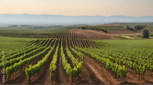 A big vineyard with seedlings of grapes is located rows The beautiful minimalist landscape. generative.ai © Waqar