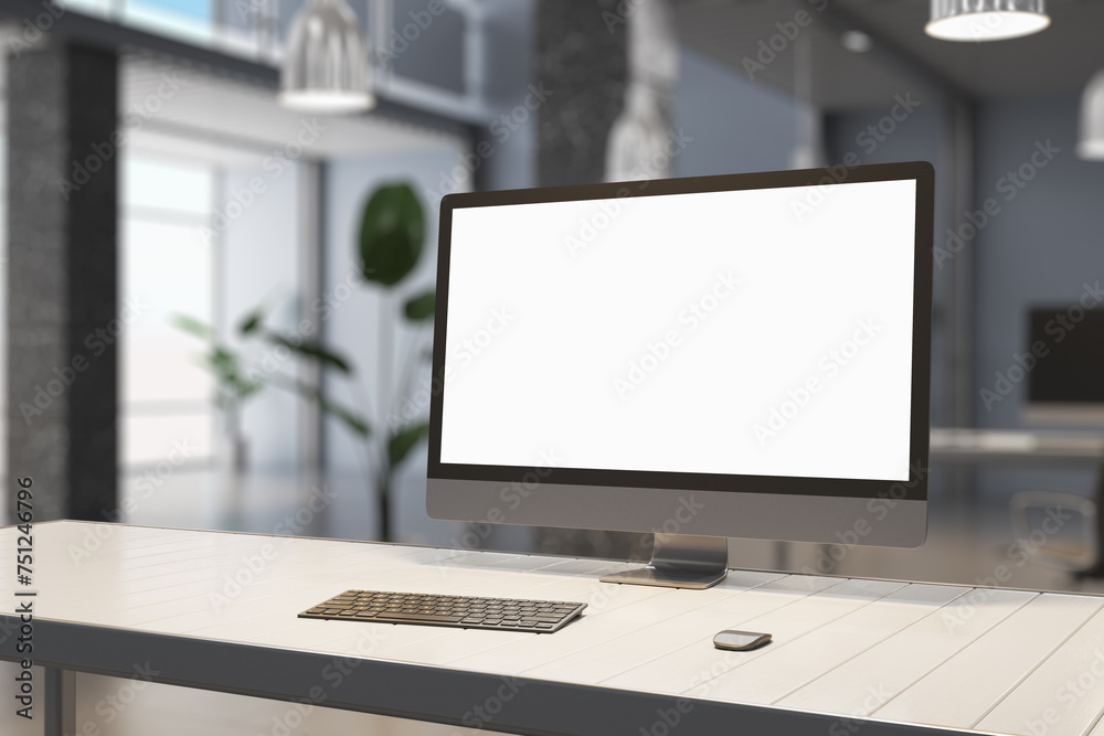 Fototapeta premium Creative designer desktop with empty white mock up computer display, supplies and blurry office interior in the background. 3D Rendering.