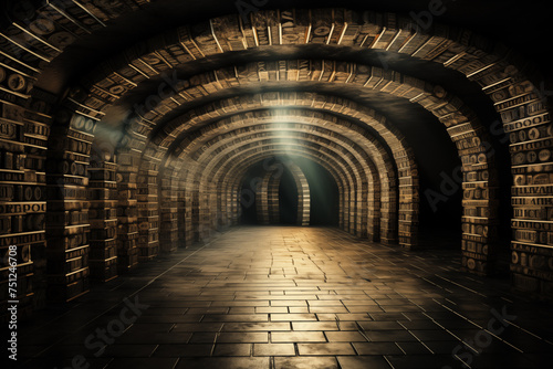 Exploring the cryptic and mysterious ancient library corridor with ominous arched ceiling. Illuminated by light at the end of the dark tunnel. Full of ancient knowledge and literature